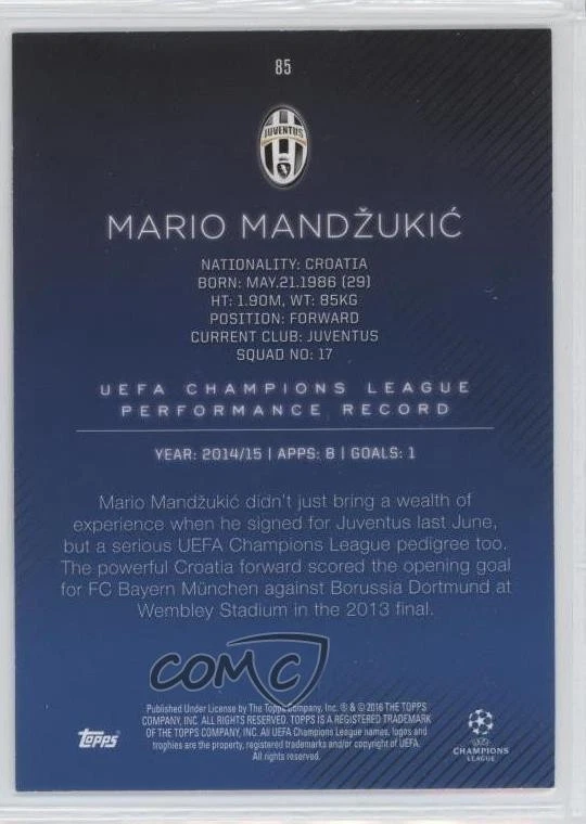 2015-16 Topps UCL Showcase Red /25 Mario Mandzukic #85 - Image 2 of 2