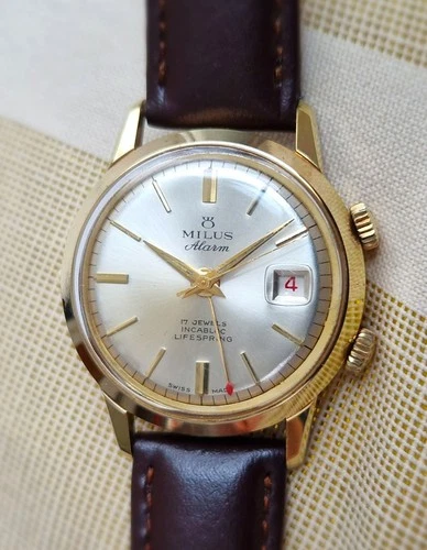 Vintage Swiss Milus mechanical Alarm watch, gold plated, AS 1475/1568, runs