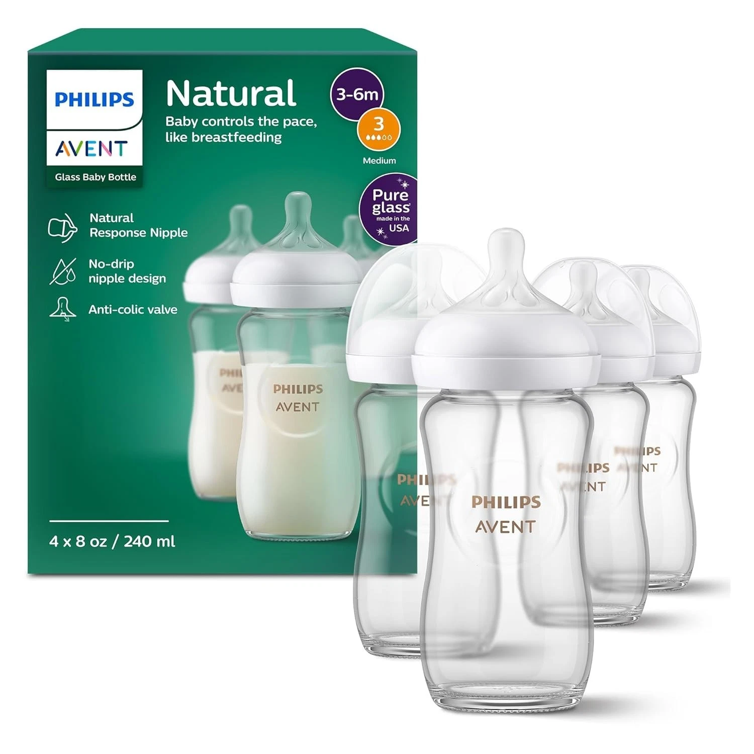 Philips Avent Natural Glass Baby Bottles 8oz 4 Pack New
