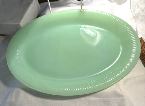 Jadite Fire King Jane Ray 12" x 9" Oval Platter Vintage Excellent