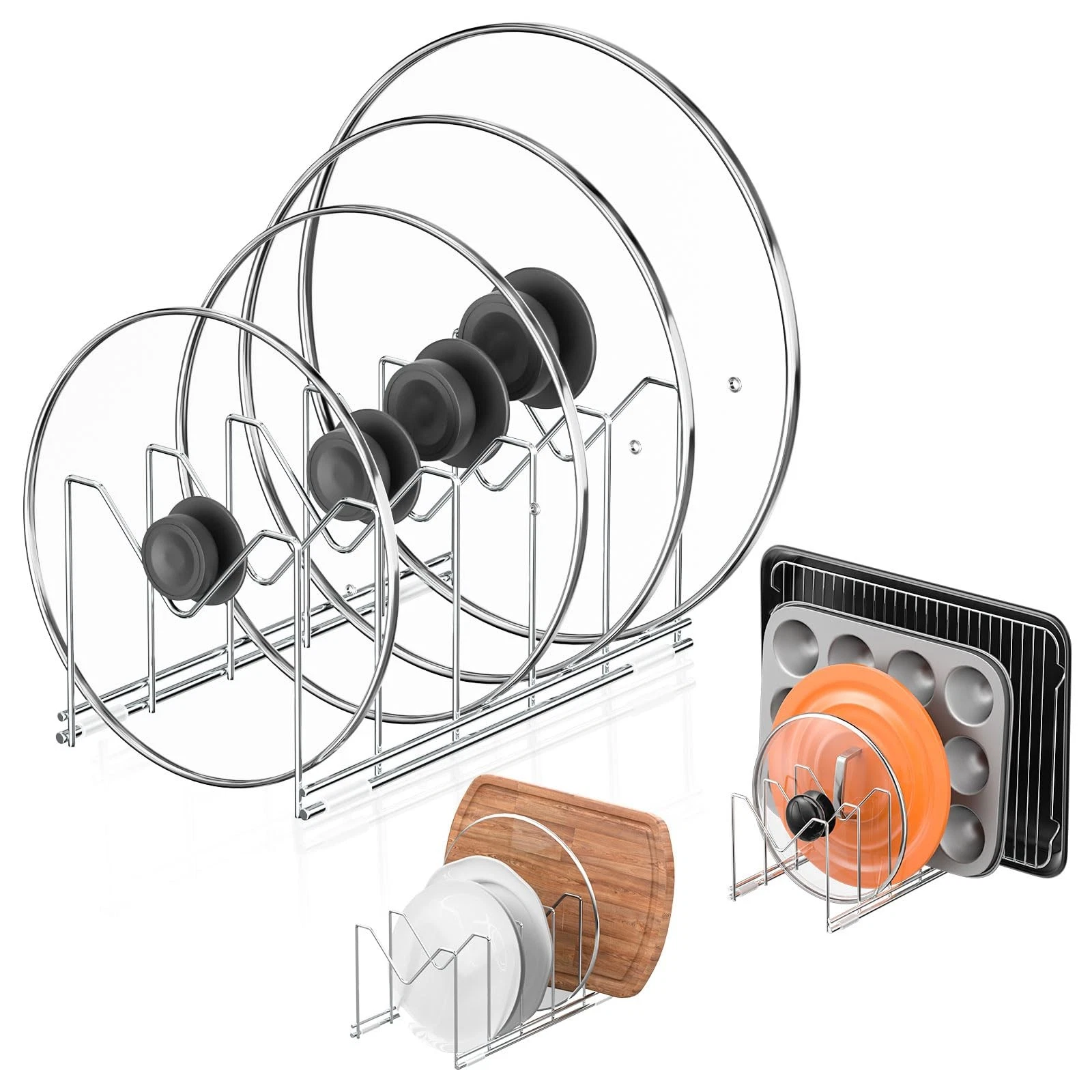 3 Pack Pot Lid Organizer for Cabinet, Stainless Steel Pot Lid Rack with Anti-...
