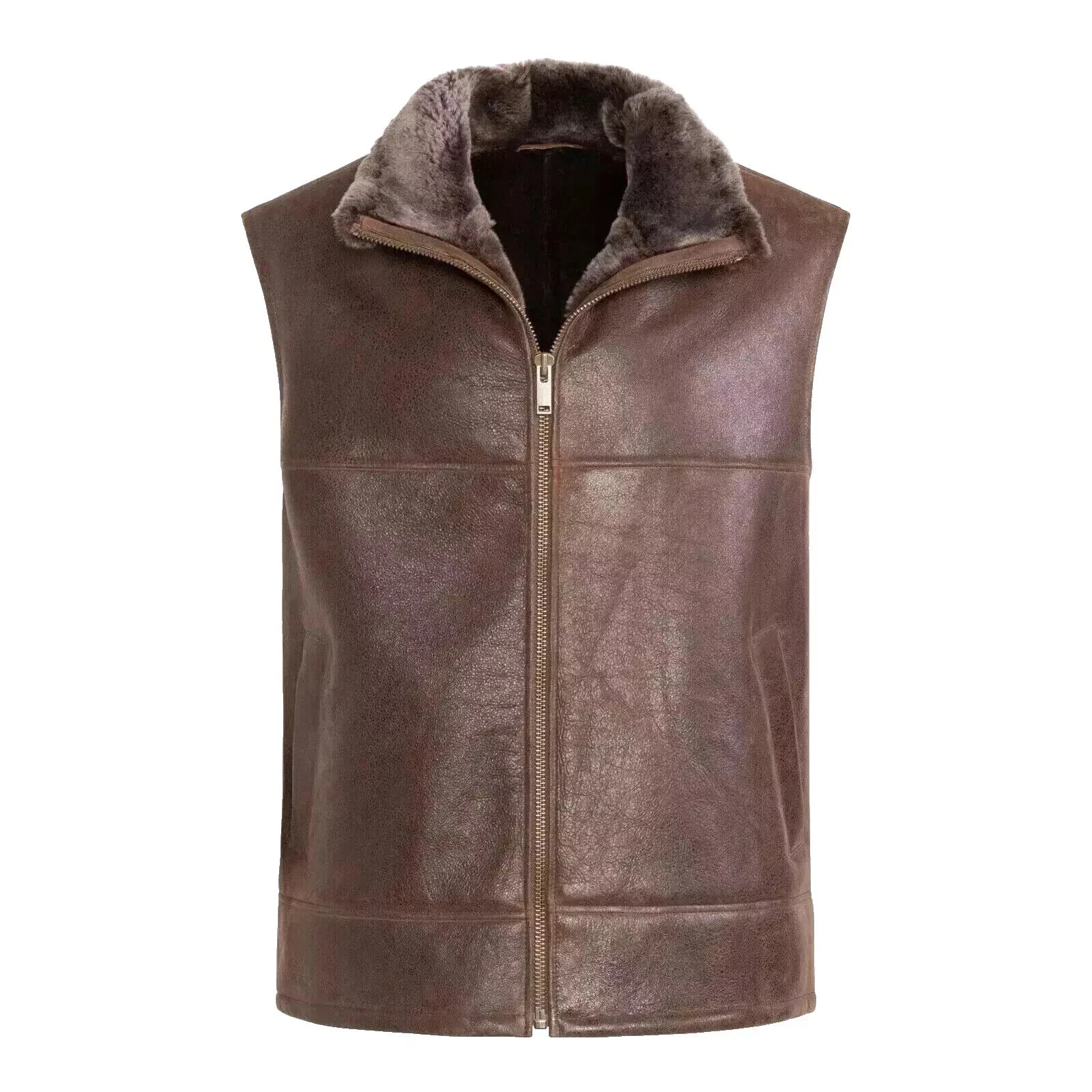 New Men's Brown Real Genuine Sheepskin Leather Shearling Vest New Style Fur Vest