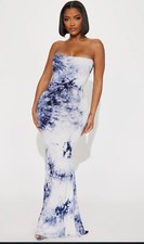 NWT SEXY Fashion Nova Strapless Mermaid Maxi Dress Navy Blue & White Tie Dye S
