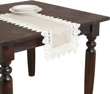 SARO LIFESTYLE Taupe Lace Trimmed Table Runner - 16"X 72" Oblong