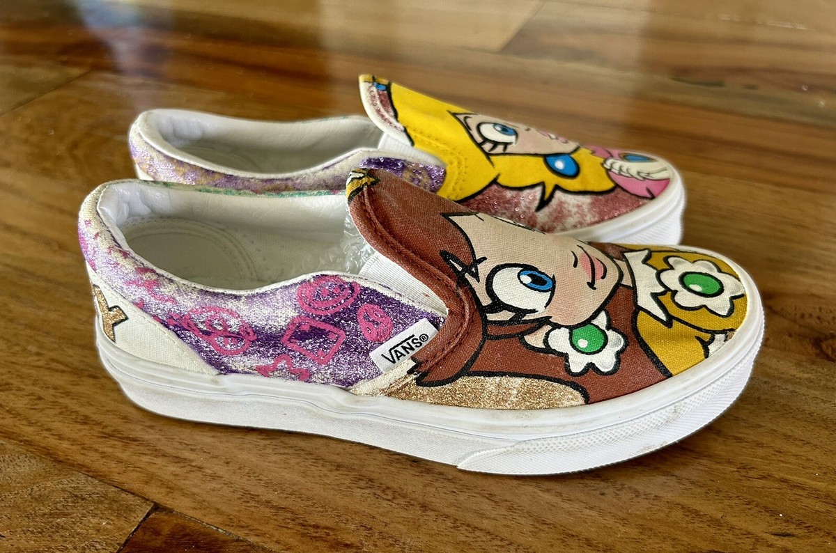 Vans Slip-On Custom Painted Mario Princess Peach Daisy Shoes Sz VGUC