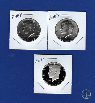 2018 P D and S Kennedy Half Dollar Set- PD BU plus S Mint Gem Proof-3 ...