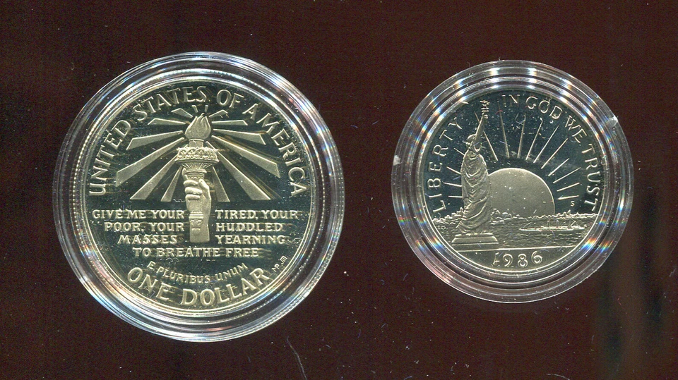 US MINT 1986 2 PC. STATUE OF LIBERTY COINS 90% SILVER DOLLAR & CLAD D74) PF - Image 3 of 3