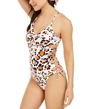 $40 Hula Honey Juniors Wild About You Printed Side-Lace One-Piece Leopard Small