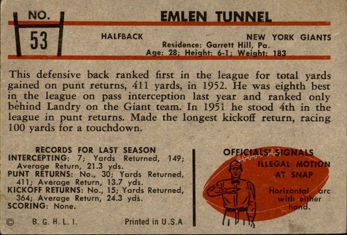 Emlen Tunnell 1953 Bowman #53 SP Giants Ex+ 58723 - Bild 2 von 2