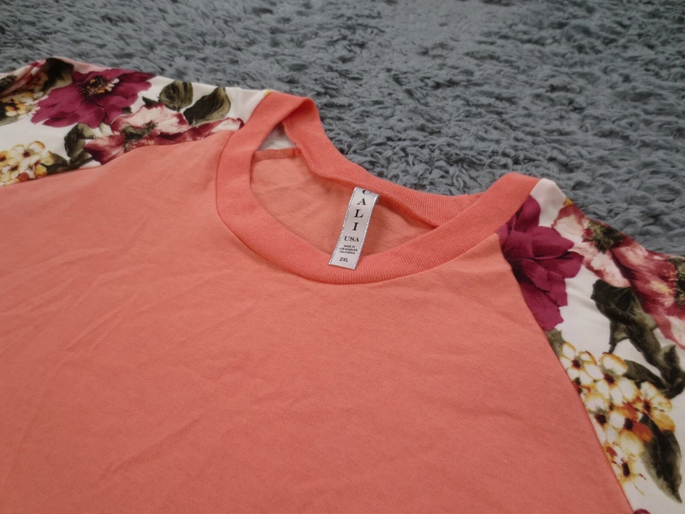 Camisa Cali EE. UU. Para Mujer XXL Rosa Floral Raglán Manga 3/4 Mezcla de Algodón Camiseta Tejida Foto 3 de 4