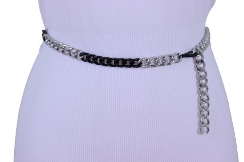 Women Black Silver Metal Chain Link Crisp Look Thin Band Belt Plus Size M L XL - Picture 10 of 12