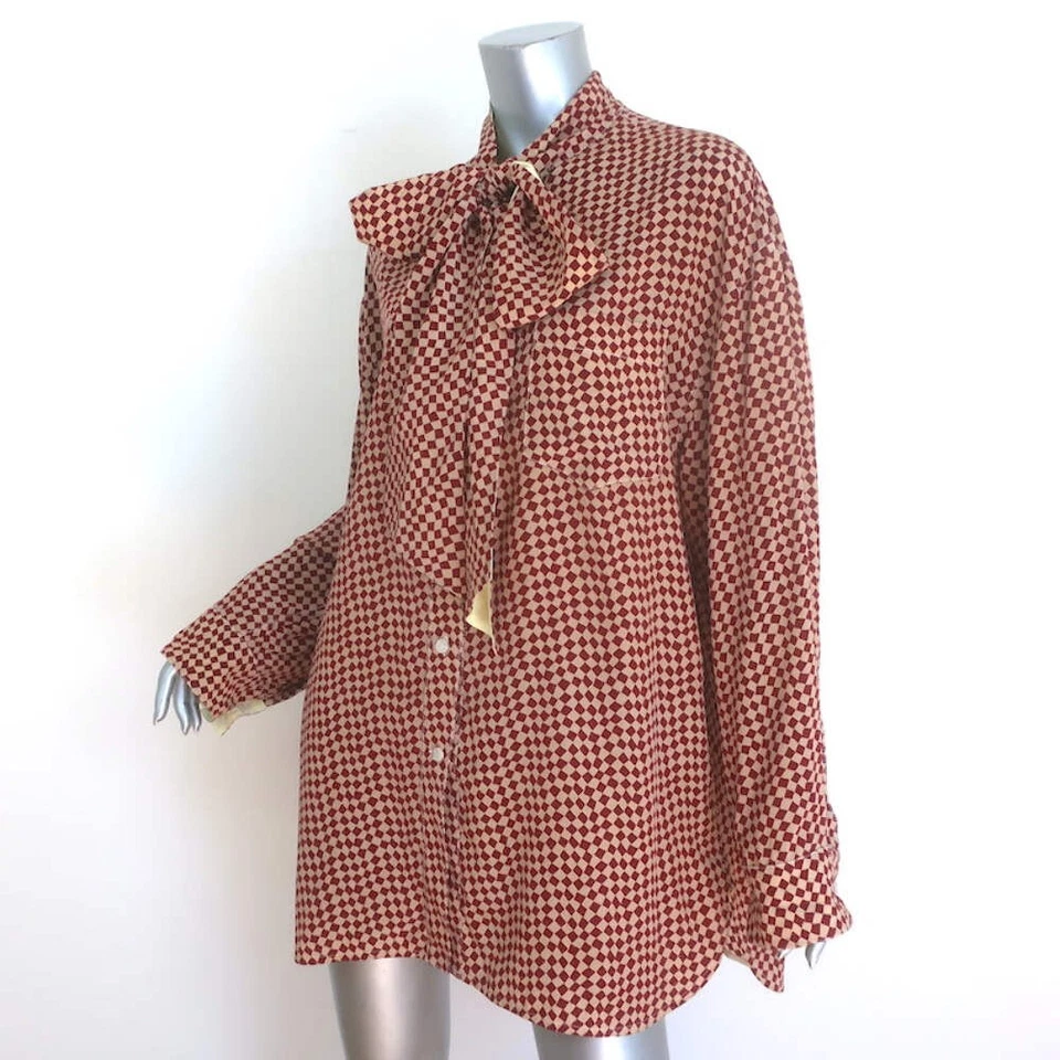 Marni Checkered Pussy Bow Blouse Burgundy & Beige Silk Size 42 Long Sleeve Top - Image 3 of 4