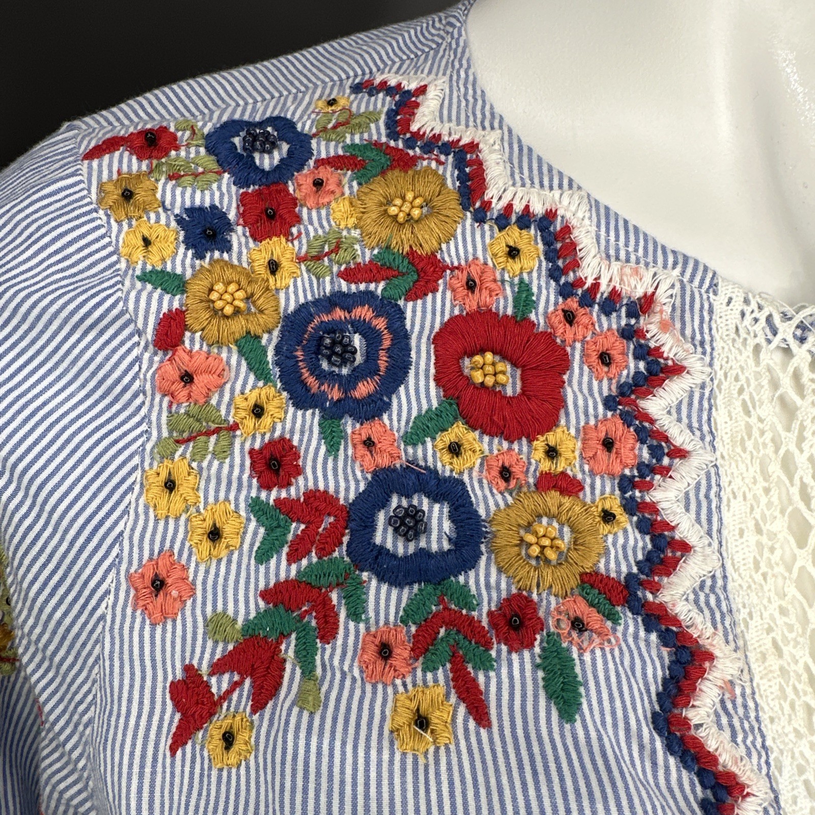 Zara Basic Medium Blue Striped  Floral Embroidere… - image 3