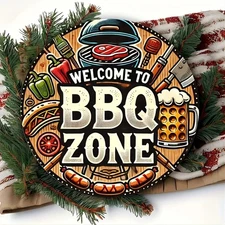 Tin Metal Signs Room Decor 1pc Rustic Aluminum BBQ Zone Sign, Vintage Circular 
