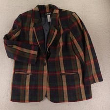 VTG Weed Jacket Womens 18W Green Check Plaid Wool Blend Vintage Blazer