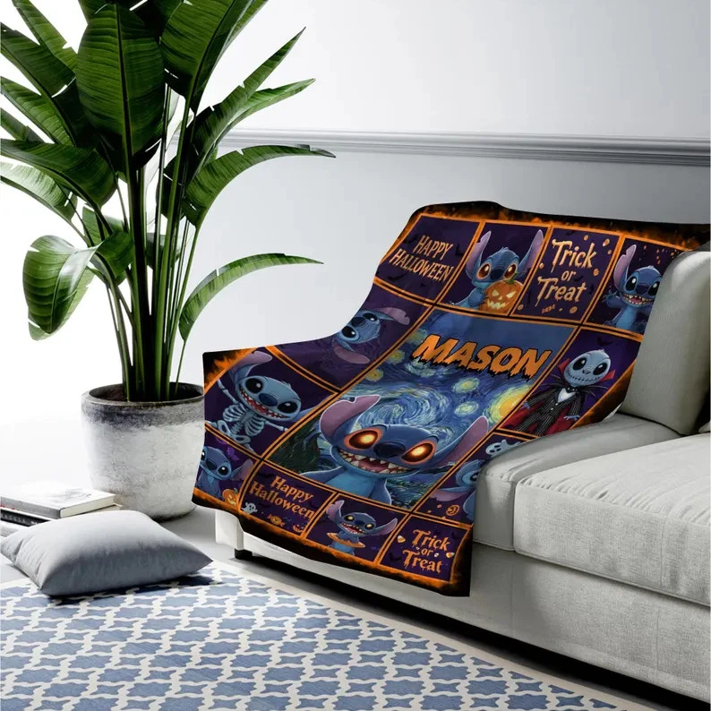 Disney Stitch Halloween Ohana Spooky Disneyland Customize Fleece Blanket