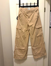 Zara Women  s Beige Wide-Leg Cargo Pants High Rise Cotton Twill Pockets 6
