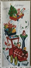 Unused Christmas Santa Wave Train Presents Vintage Paper Greeting Card 1950s