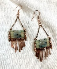 Copper Tone Dangle Earrings Green Stone Bead Fringe Boho Artisan Drop Artsy