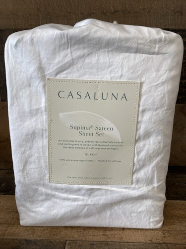 Casaluna 500 Thread Count Supima Sateen Solid Sheet Set Queen Size, White - Picture 3 of 8