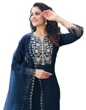 Women's Silk Blend Embroidery Straight Kurta with Pant  Dupatta