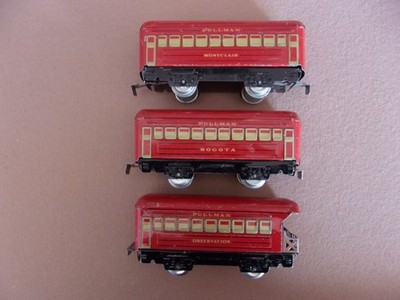 PREWAR MARX O GAUGE PULLMAN TRAIN CARS BOGOTA / MONTCLAIR / OBSERVATION