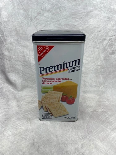 Vintage Nabisco Premium Saltine Crackers Canister Tin 16 oz. Dark Blue Lid