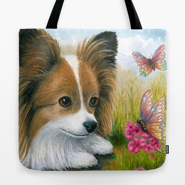 Tote Bag All over print Dog 123 Papillon art painting by L.Dumas