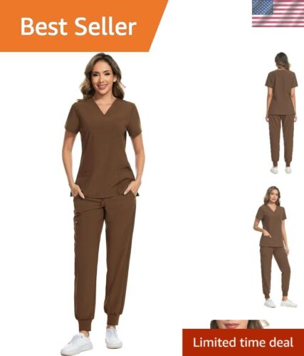 Moisture-Repellent Women's Scrubs Set - 8-Pocket Stretch V-Neck & Jogger Pants