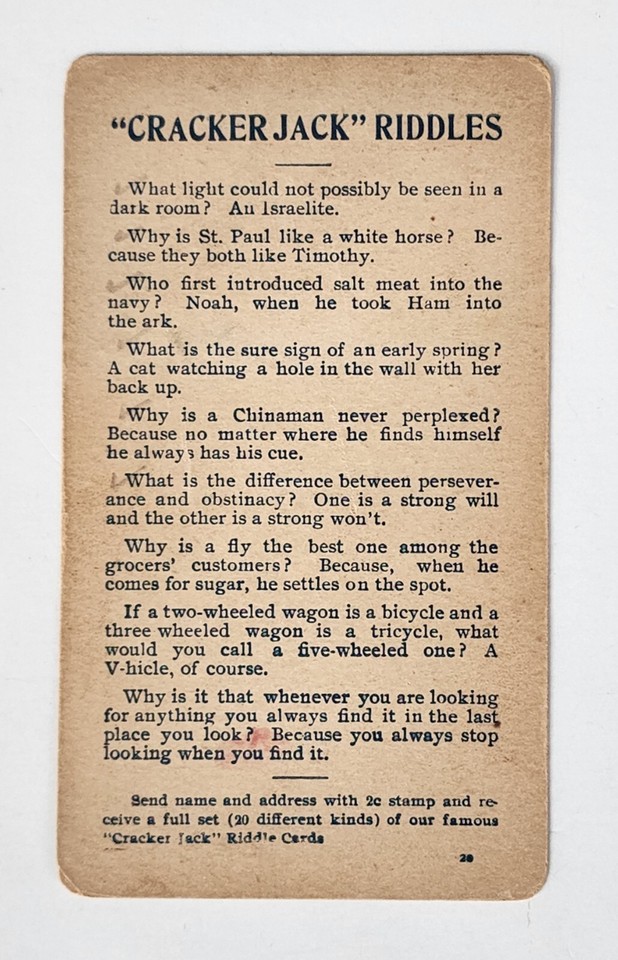 1900 Vintage Premium Cracker Jack Riddle Card Prize Toy by Rueckheim ...