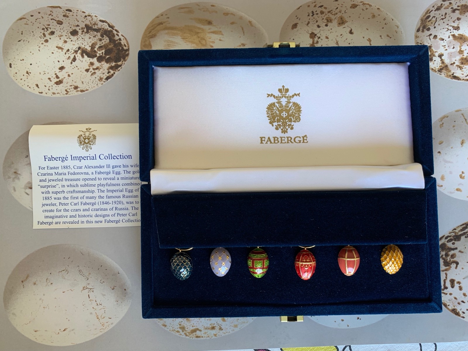 FABERGE IMPERIAL ENAMEL EGG WINE CHARMS. NEW. SET OF 6 IN