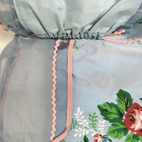 Vtg Rose Floral Half Apron Butterfly Pocket Handkerchief Blue Pink Cottagecore - Picture 3 of 7