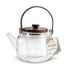 Ribbed Borosilicate Glass Teapot With Wooden Lid & Handle 900ml by Charbrew