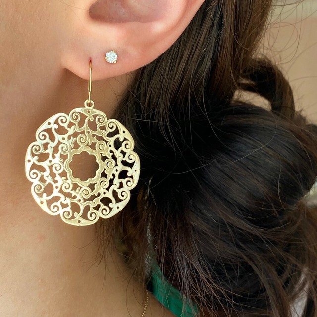 14K Yellow Gold Euro French Wire Earring Large Filigree Design Dangle