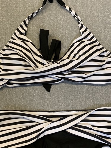 Maillot de bain femme 2 pièces bikini rayé devant Twist taille M noir blanc Halter - Photo 5/20