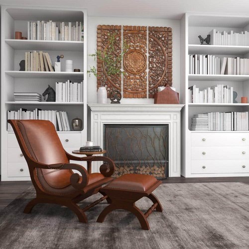 Leather & Teak Wood Arm Chair w/Ottoman Scrollwork Arms Bucket Seat, Assembled - Picture 6 of 12