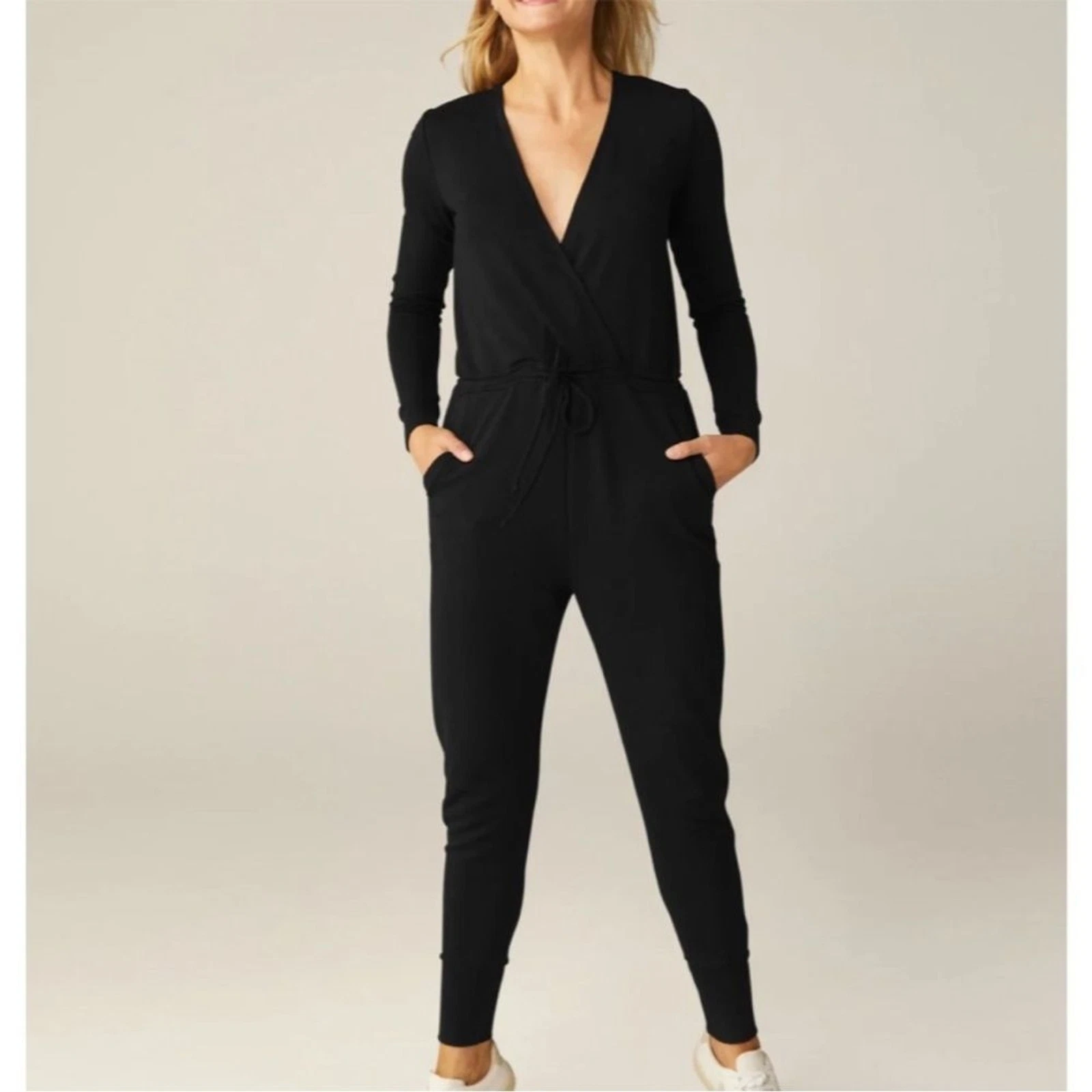 beyond-yoga overlapping long sleeve fleece jumpsuit 