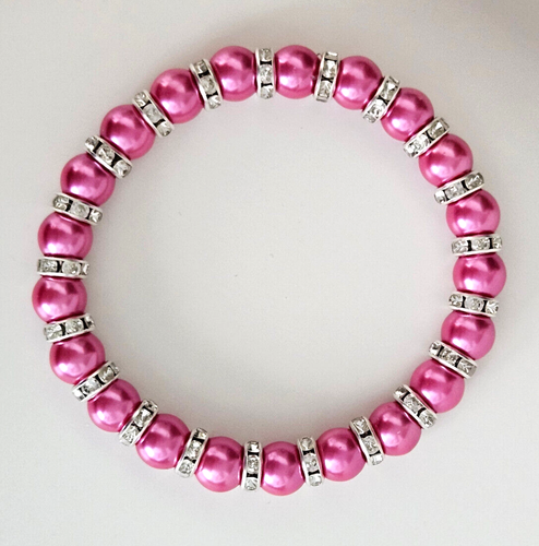 Elastic Glass Pearl & Diamante Rondelle Bead Bracelet / Gift Pouch - 29 Colours - Picture 116 of 161