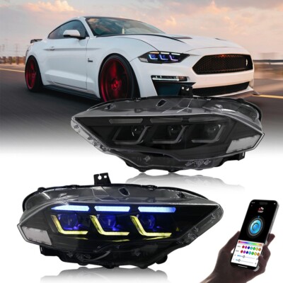 RGB LED Headlights For Ford Mustang S550 2018-2023 Head Front Lamp Assembly Pair