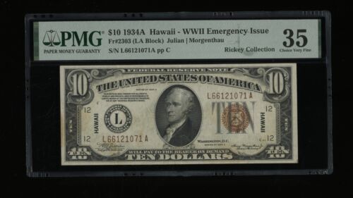 DBR 1934-A $10 FRN Hawaii LA Block Fr. 2303 PMG 35 Serial L66121071A - Picture 1 of 2