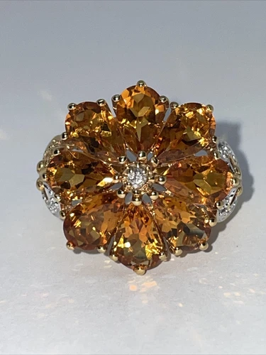 Vintage Citrine and Diamond Flower Ring Sz 7 925 Silver w yellow Gold Plating