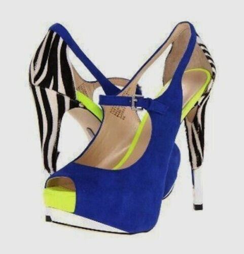 BOUTIQUE 9 Nickeya Suede Peep Toe Platform High Heels Shoes Blue Zebra Womens 6 - Picture 1 of 8