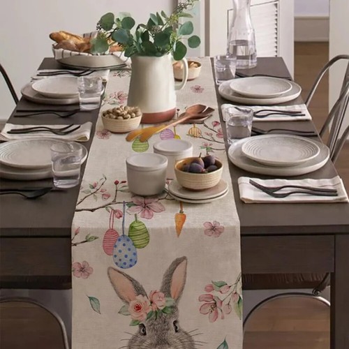 Easter Table Flag Easter Bunny Egg Table Runner Holiday Printed Linen Tablecloth - Picture 10 of 17