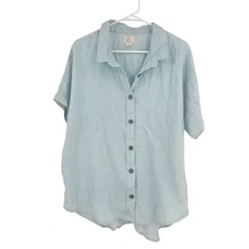 Vikolino Shirt Blue Washed linen Short Sleeve Button Down Lightweight Boxy Sz XL