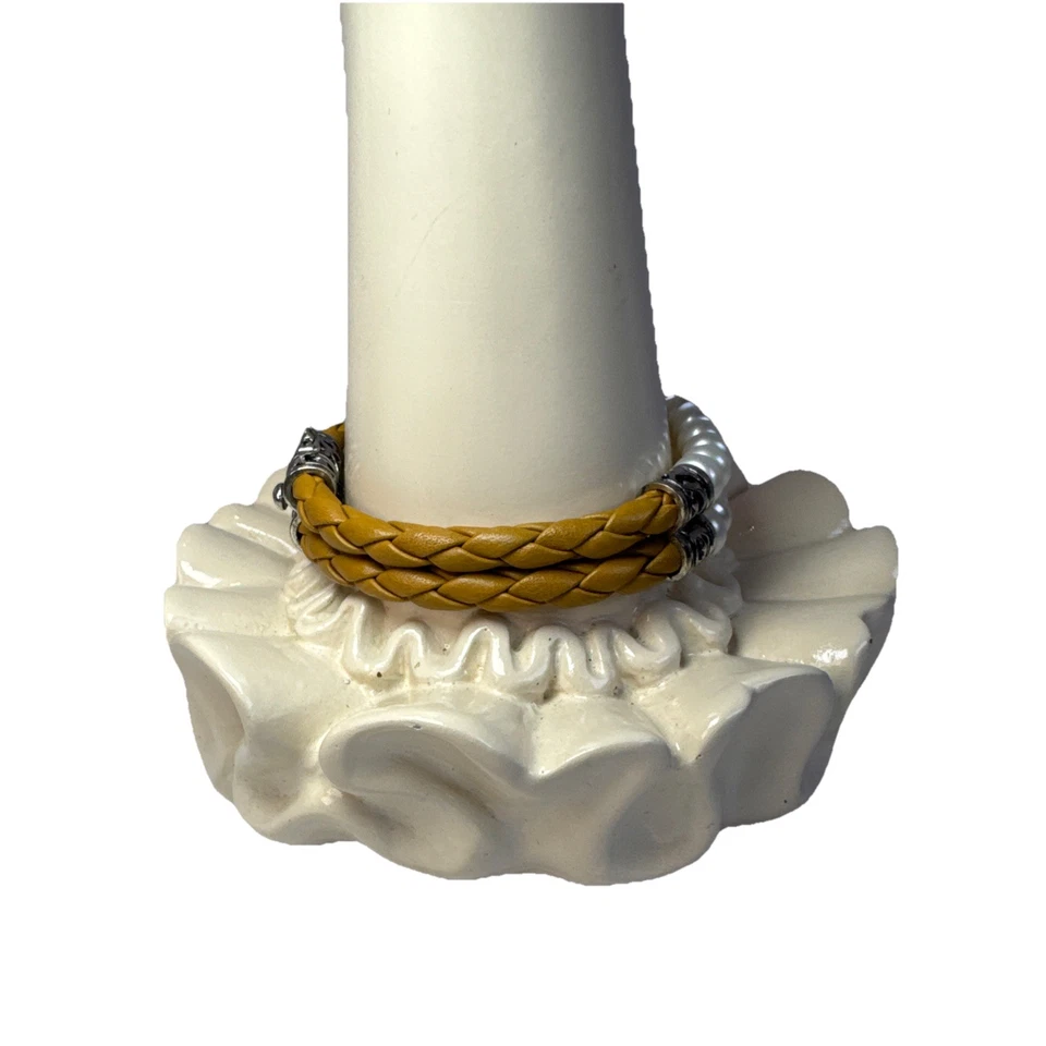 "Brazalete trenzado de cuero beige perla de agua dulce de plata esterlina HONORA 8""" Foto 4 de 4