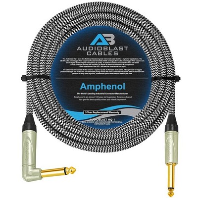 AUDIOBLAST CABLES 18 Foot HQ-1-BRAID (Black+White) Angled & Straight Gold Plugs