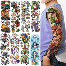 52 Pcs Temporary Tattoo for Kids Full Arm Mermaid Butterfly Cat Truck Dinosau...