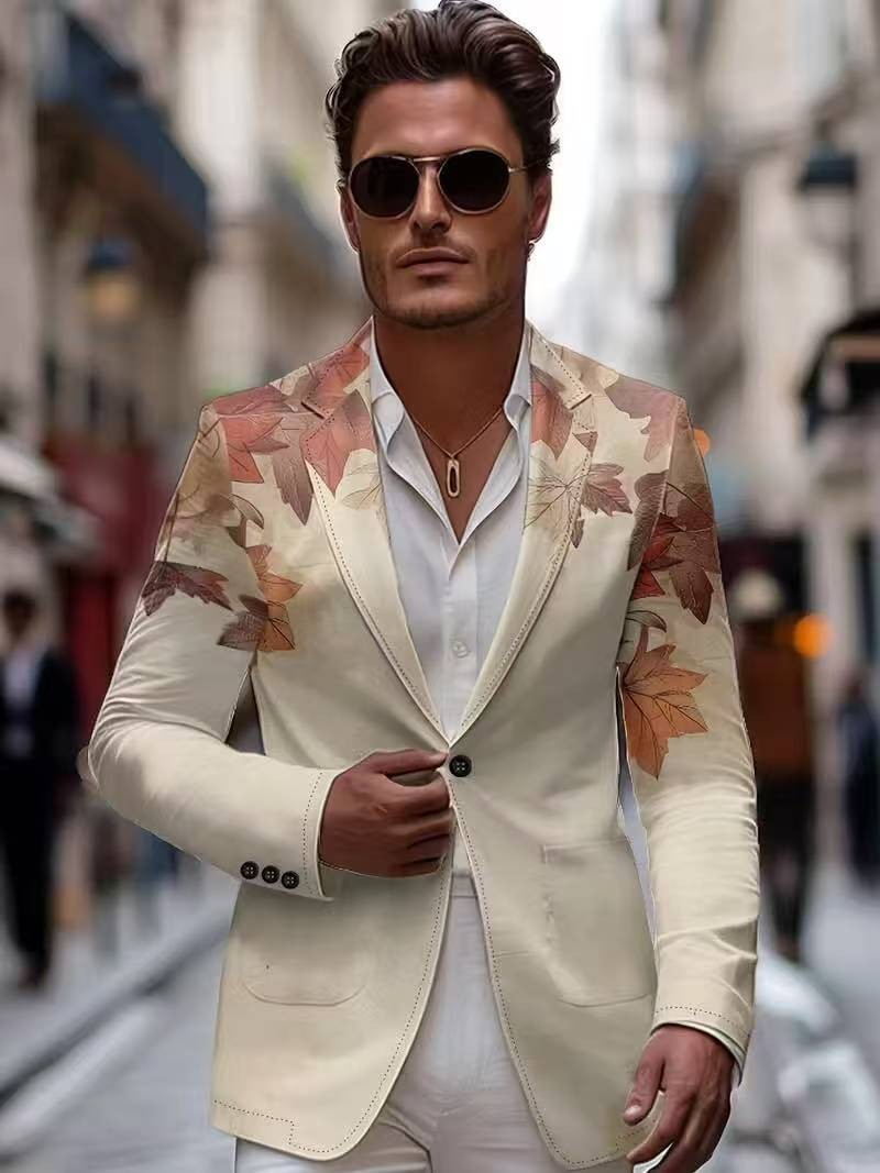 Men's Business Casual Printed Floral Slim Coats One Button Blazer Wedding Dress