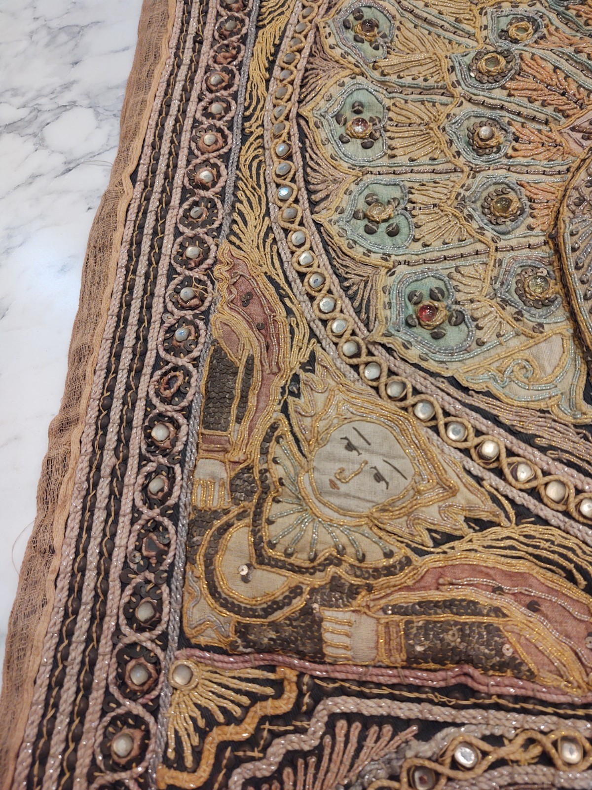 Sequin PEACOCKS Burmese KALAGA Hand-Embroidery Tapestry Wall Hanging 35 x 26 In