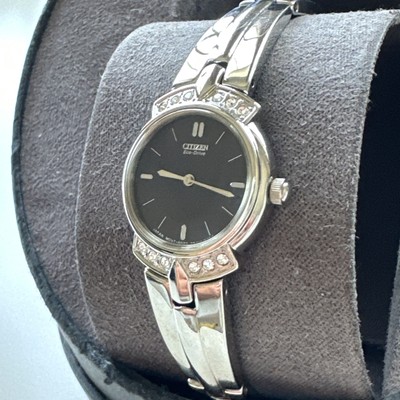 Ladies Citizens Eco Drive Stainless Steel Silhouette Bangle Analog Black Dial